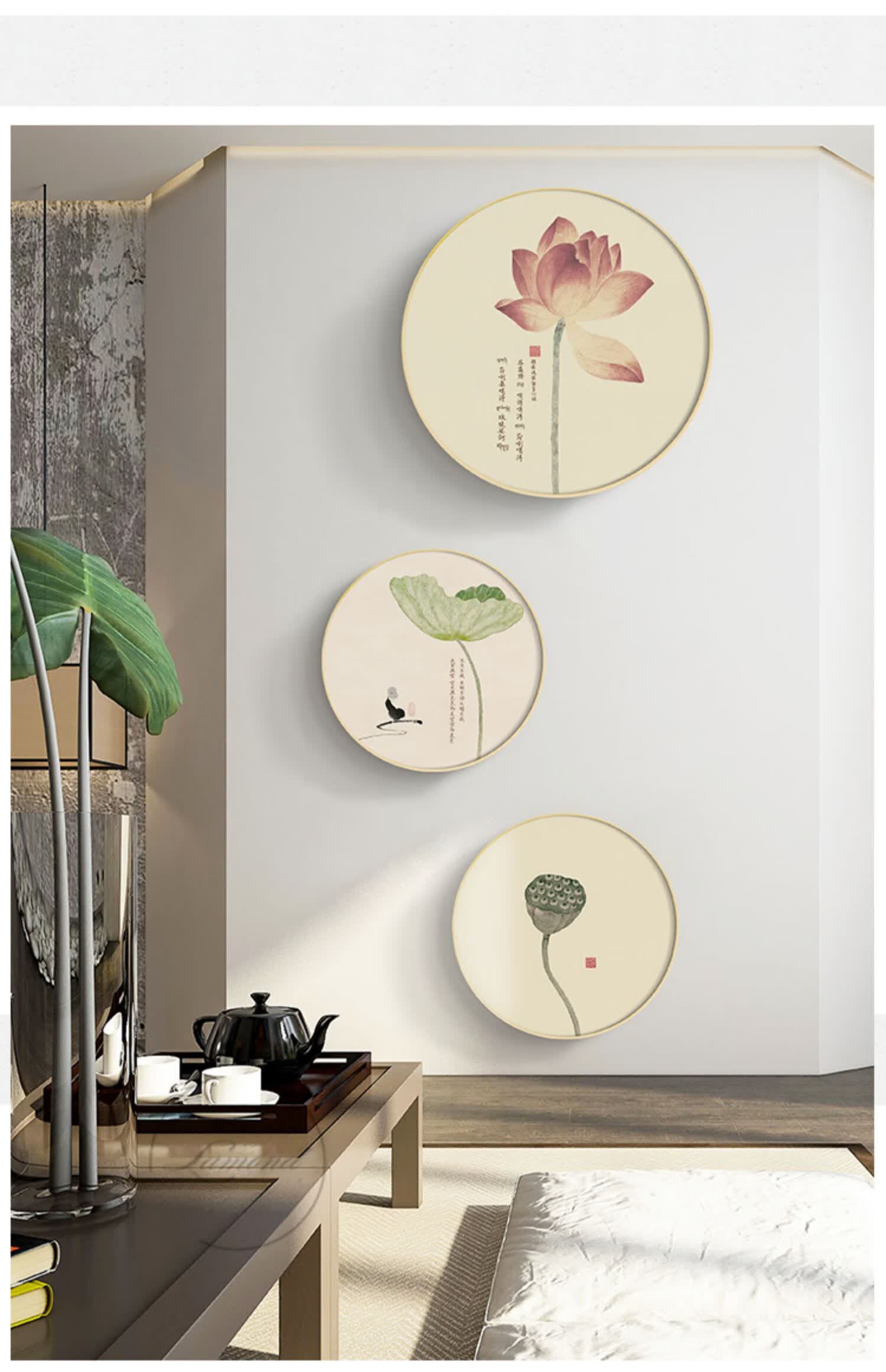 化莲原木新中式禅意装饰画日式玄关走廊挂画福字荷花