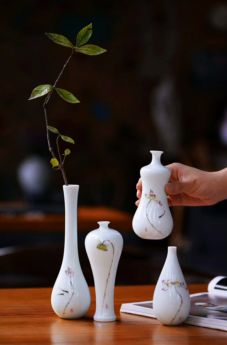 古风小瓷瓶细口花瓶艺术摆件创意供佛窄口花道花器禅意中式手绘莲