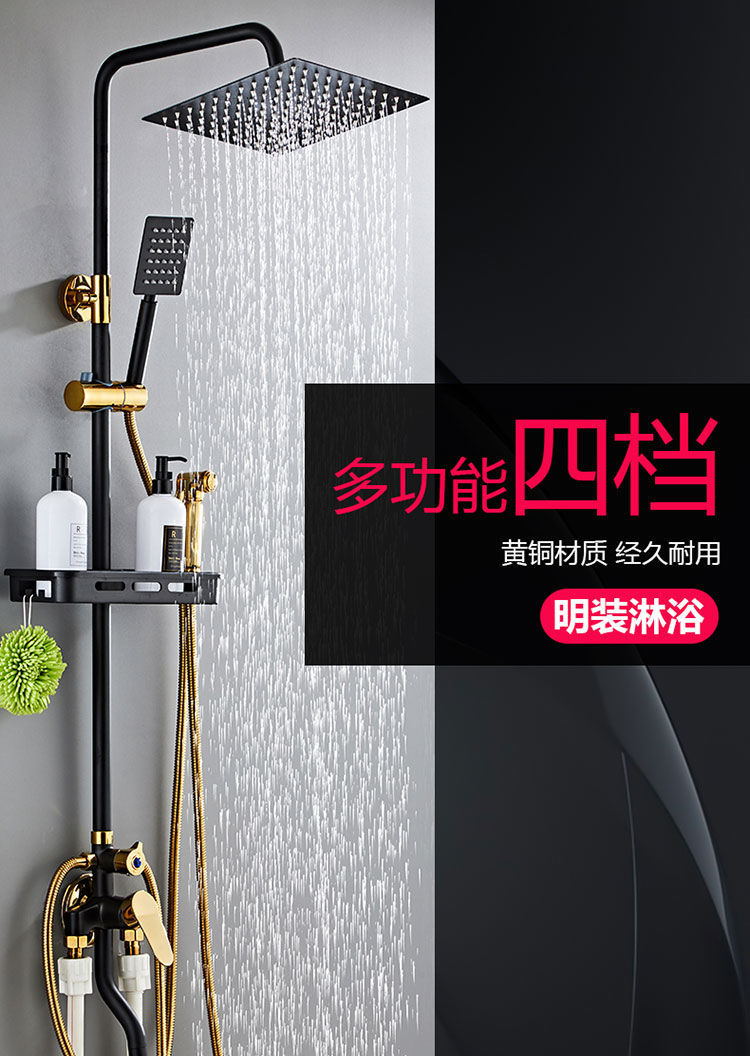 花洒黄铜明装花洒套装加厚黄铜明管主体增压出水多功能龙头 黑金明装