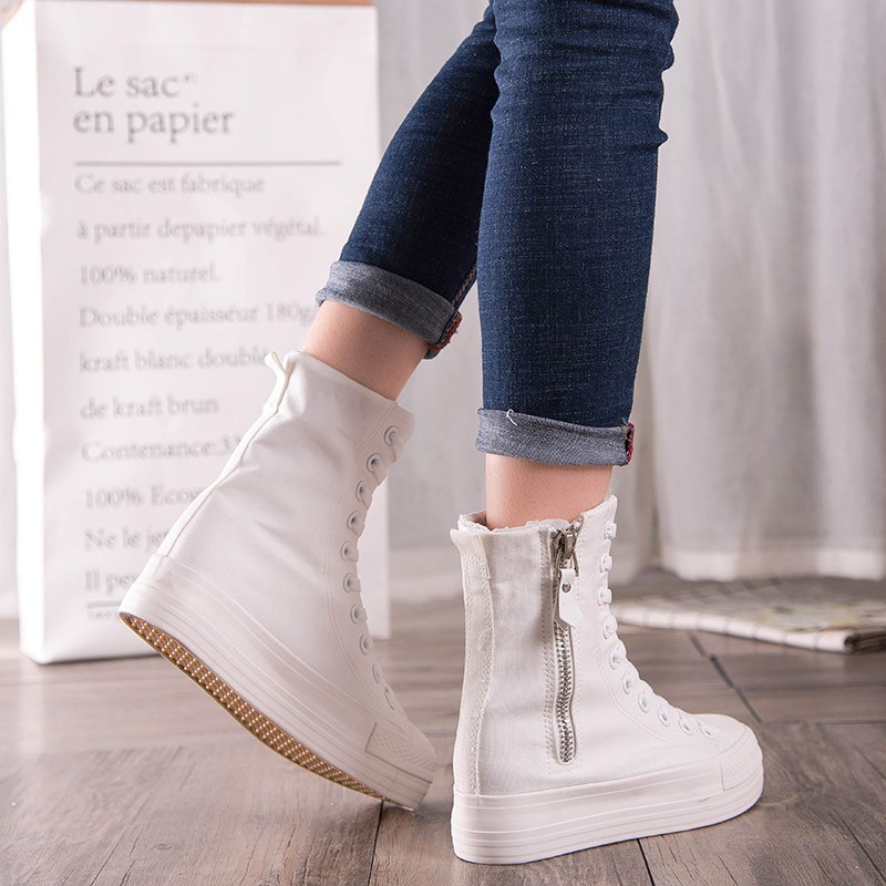 帆布鞋女高颜值高帮厚底夏款拉链大红色松糕布单鞋高筒布靴舞蹈小白鞋