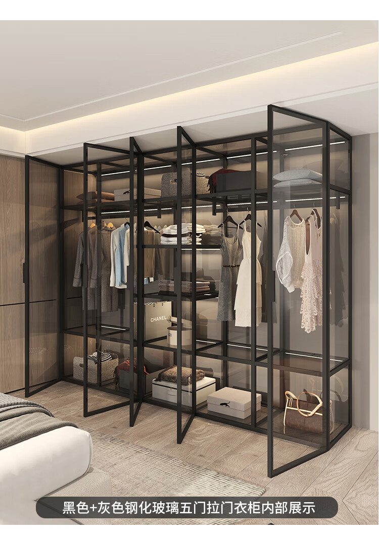 钢化玻璃门衣柜 可轻奢钢化玻璃开门衣柜现代简约l型转角开放式衣帽间