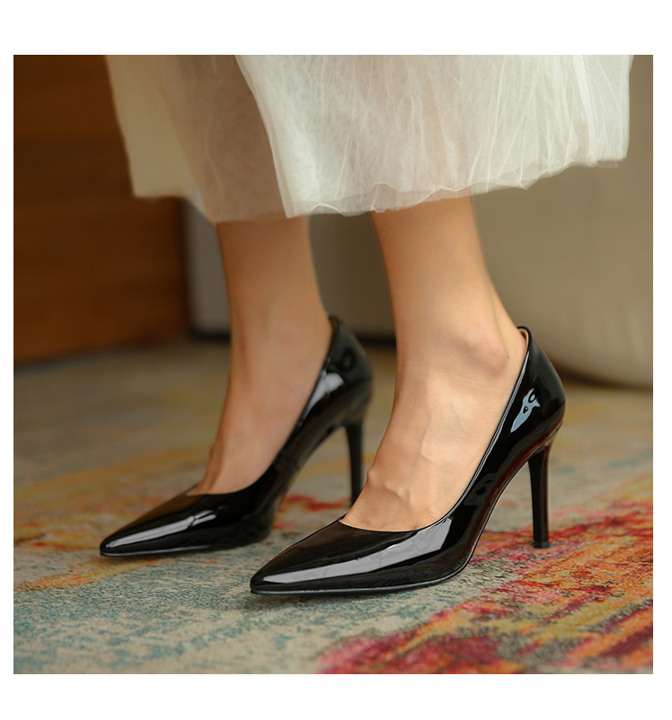 kadilier牛漆皮细跟高跟鞋女单鞋优雅风2022新款职场浅口尖头女鞋