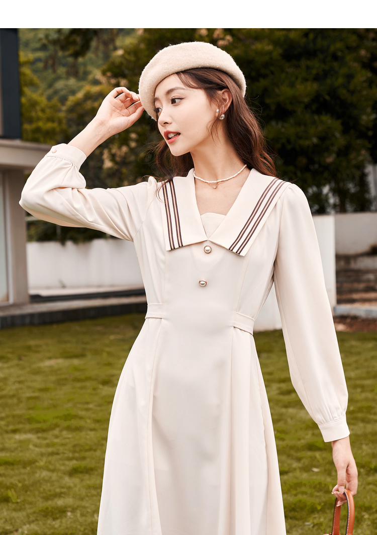 佳人苑2021秋新款海军领杏色雪纺连衣裙法式减龄a字收腰仙女裙韩 杏色