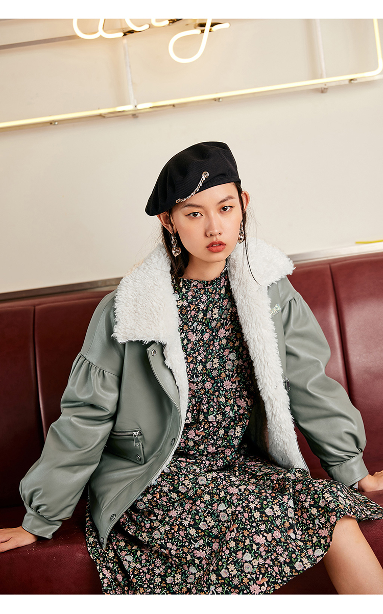 太平鸟正反两面穿pu外套女2020秋冬新款休闲时尚加厚短款毛毛外套 灰