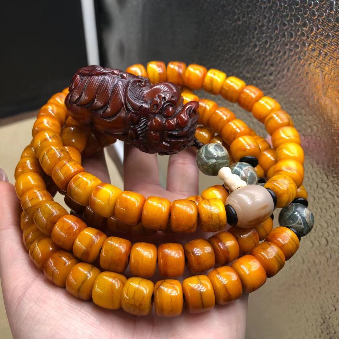 西藏风化老料牦牛骨手串藏式108颗牦牛角手把件脖挂佛珠念珠配饰 12*