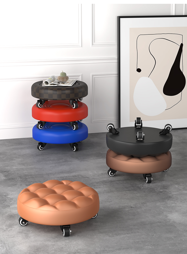 家用圆凳带轮滑轮凳子大人带娃凳学步软凳矮凳小板凳移动靠背椅子