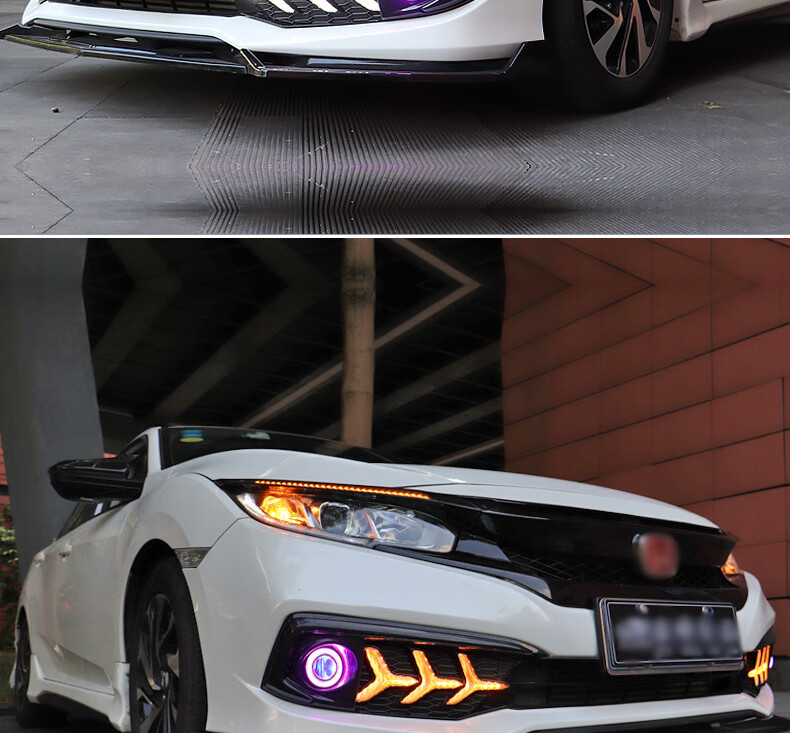 思域鱼骨led雾灯后杠灯改装19款思域适用日间行车灯鱼骨流光后杠雾灯