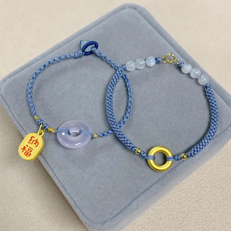 编织雾霾蓝手绳999足金纳福金珠手串送女朋友生日礼物七夕情人节礼物