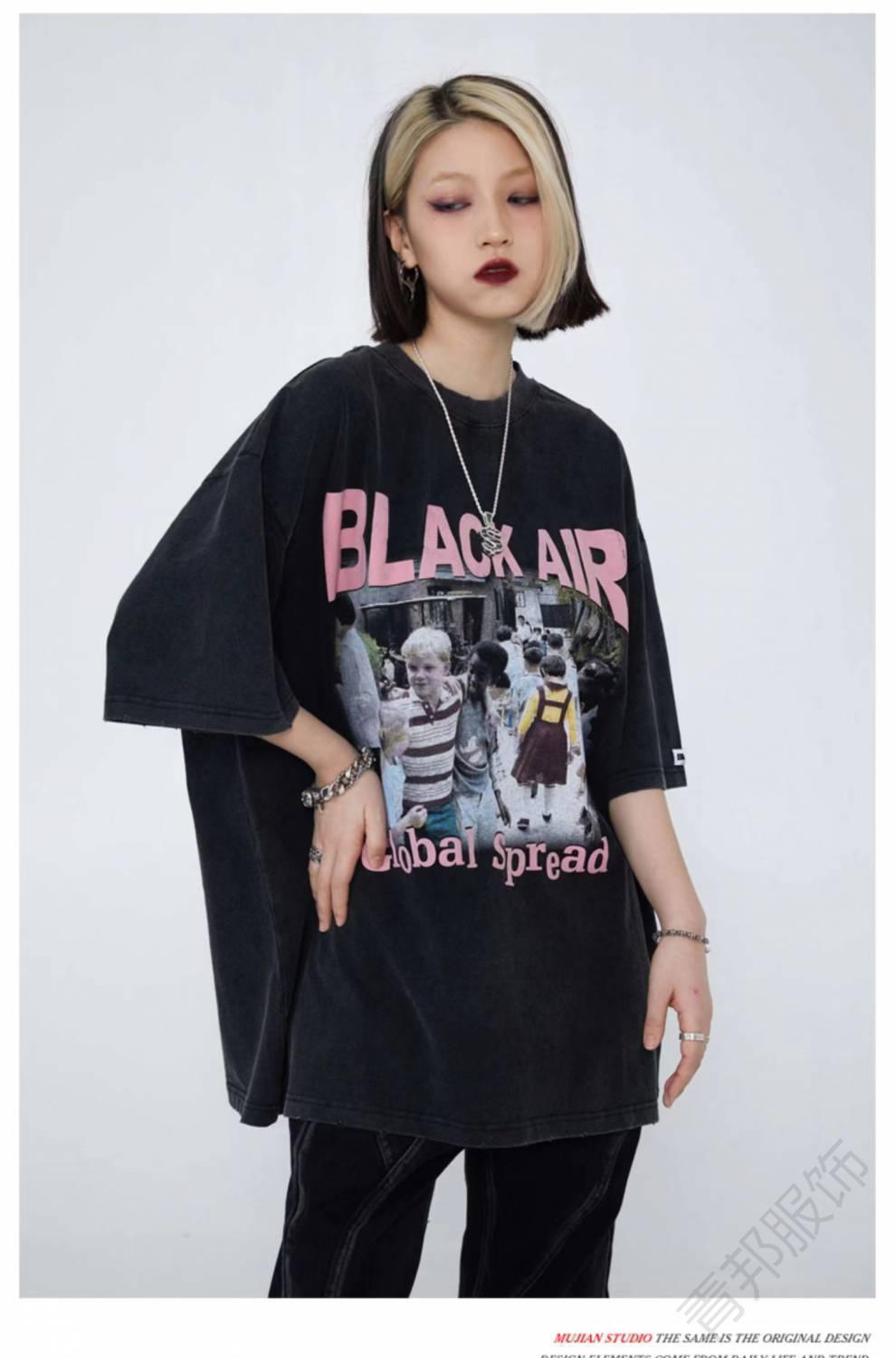 夏季blackpink美式复古做旧发泡字母慵懒黑粉短袖t恤男同款男装联名