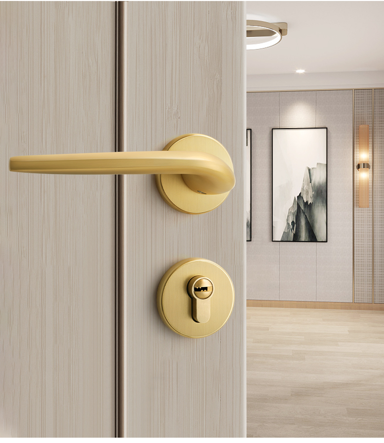 房间门锁卧室 拉丝金分体门锁室内家用房门锁磁吸木门锁卧室金色轻奢