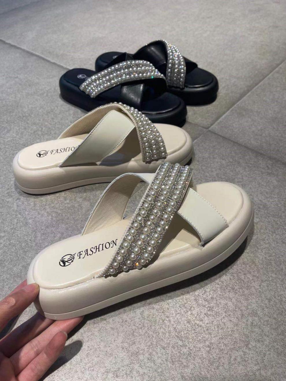 酷香草夏季仙女风珍珠凉拖鞋--2 米色 36