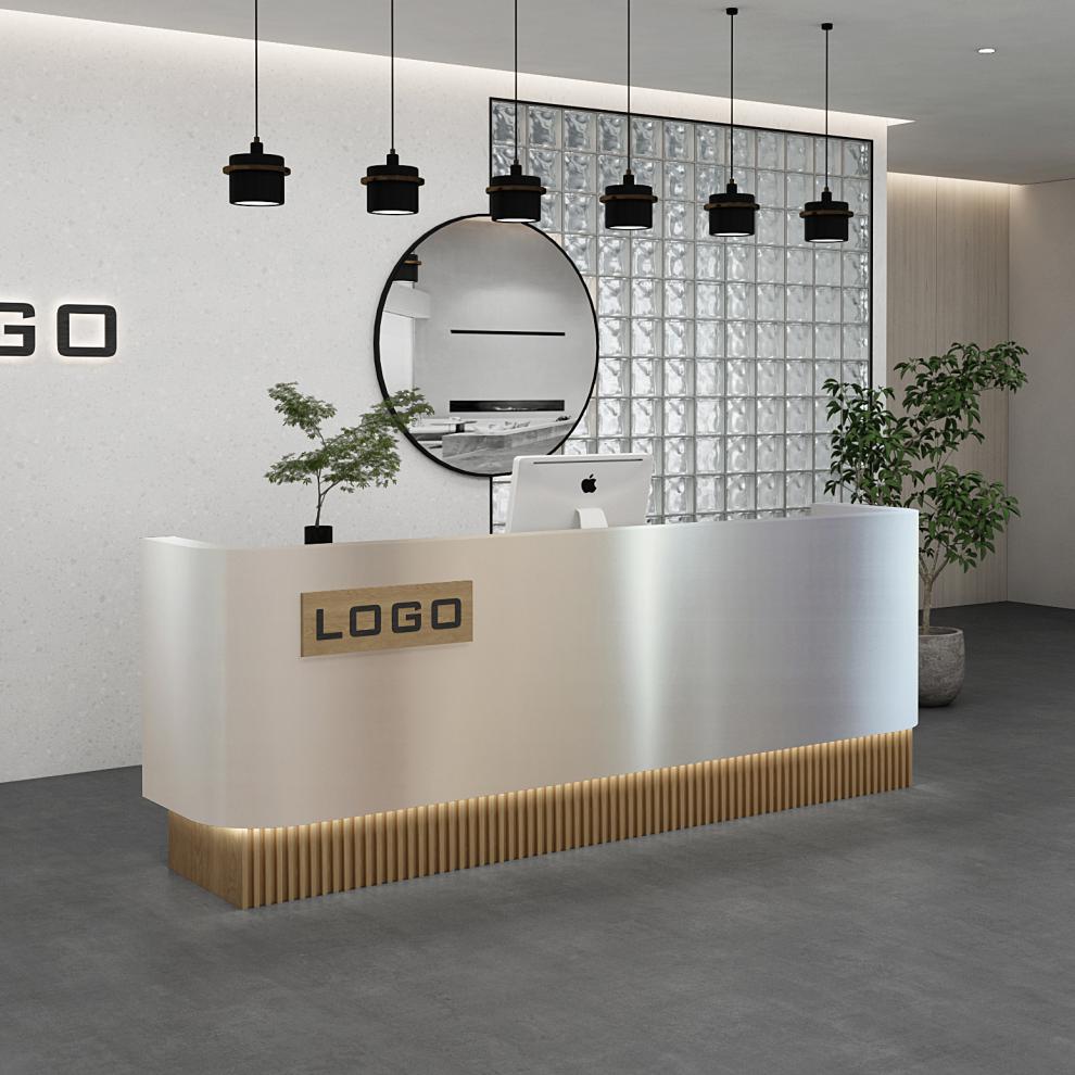 服装店欧式现代不锈钢吧台理发店美容院spa馆轻奢圆形前台银不锈钢