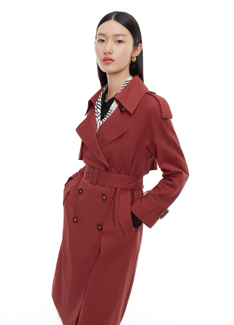 玖姿2021秋季新款纯色都市休闲时尚气质中长女风衣外套 大红 s