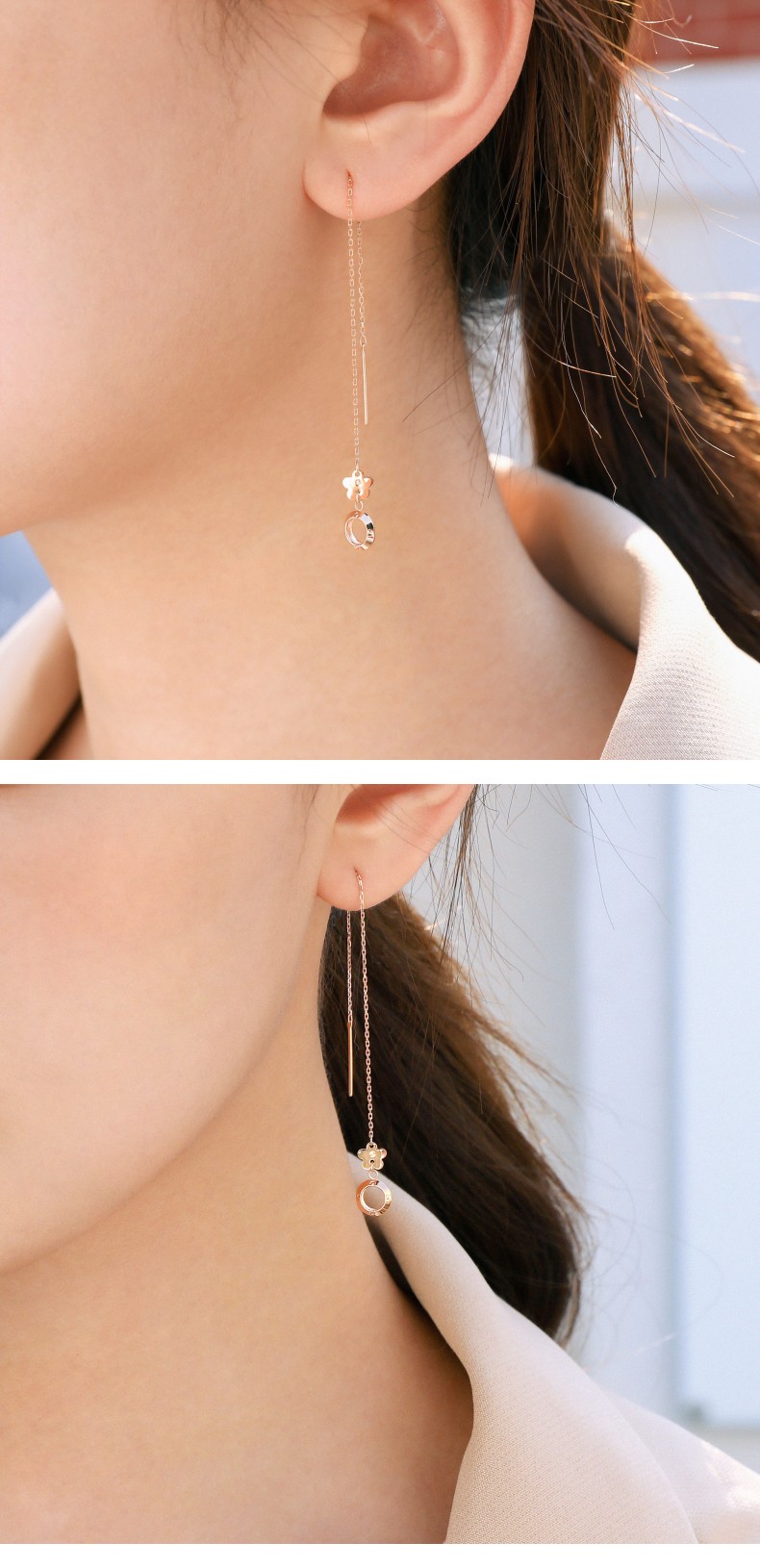 周生生18k玫瑰金薄荷系列花朵圆环玫瑰金彩金耳线耳钉女单边k金耳饰92