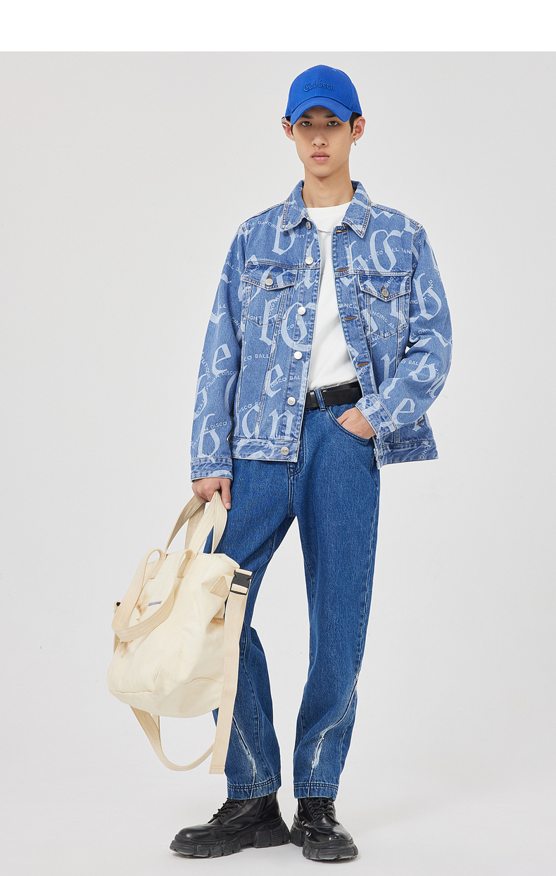 cabbeen卡宾 男装2022秋冬纽扣100%纯棉满身印花潮酷个性休闲合体牛仔