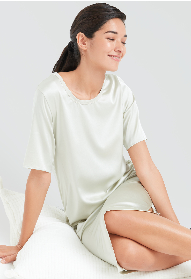 爱慕睡衣女士睡裙家居服夏季丝润ii中袖连衣裙真丝桑蚕丝舒适透气简约