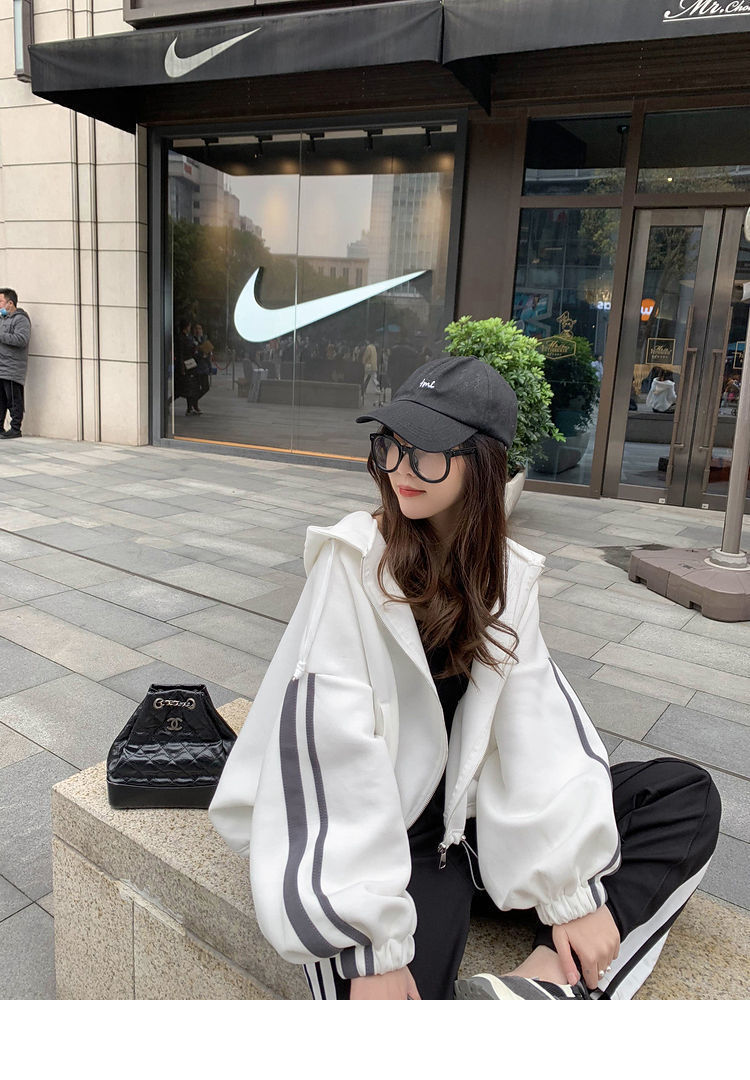 【早秋上新】连帽卫衣外套女春季2021新款慵懒风小个子白色网红棒球服