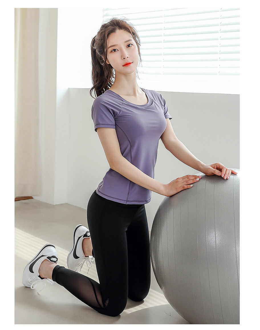 干运动跑步健身套装女夏天薄款性感时尚两件套紫色上衣黑色裤子套装xl