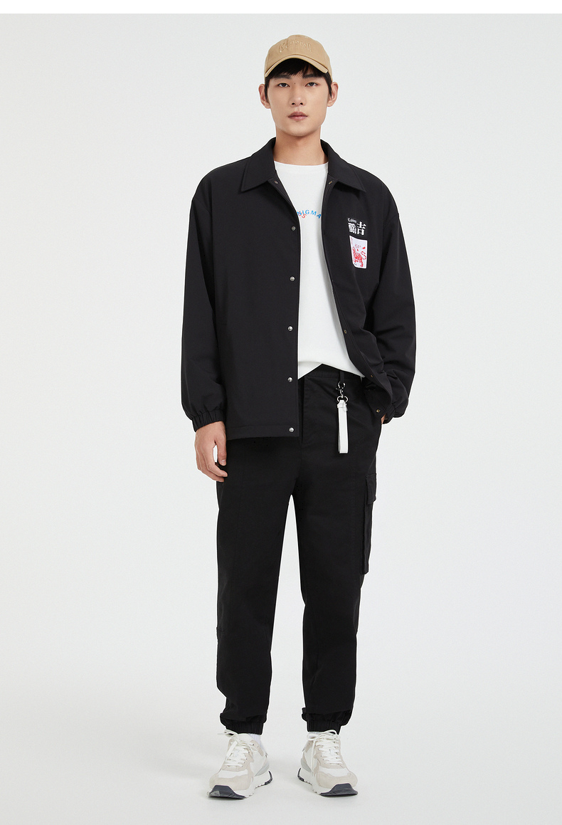 cabbeen卡宾男装休闲黑色夹克外套2021秋冬新款国潮风老虎织唛h煤黑色