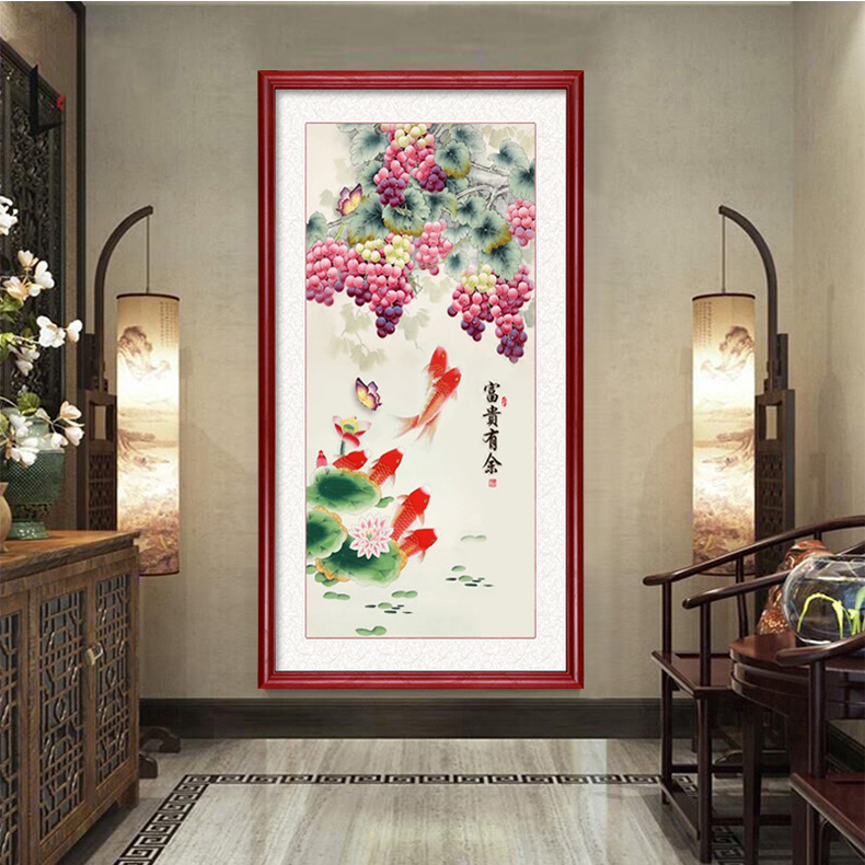 紫气东来玄关装饰画走廊过道葡萄竖版挂画中式客厅水果有框壁画紫气东