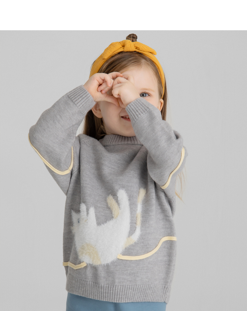 童装女童中领毛衣2021冬新款萌趣猫咪绣花上衣针织休闲舒适 米雅花灰