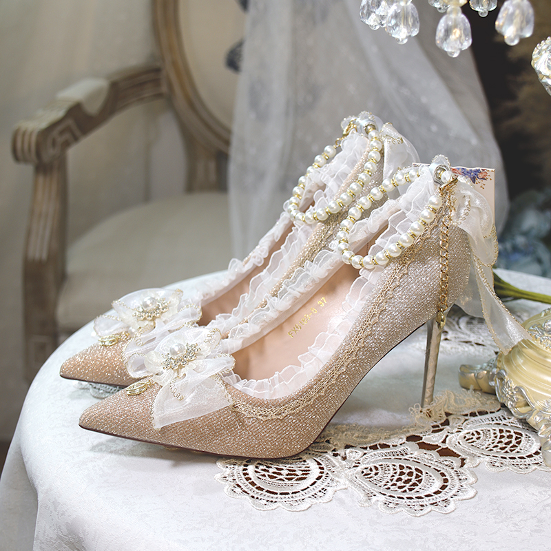 鞋lolita高跟鞋子一夜物语洛丽塔鞋闪亮尖头高跟鞋花嫁蓝色凉鞋细跟