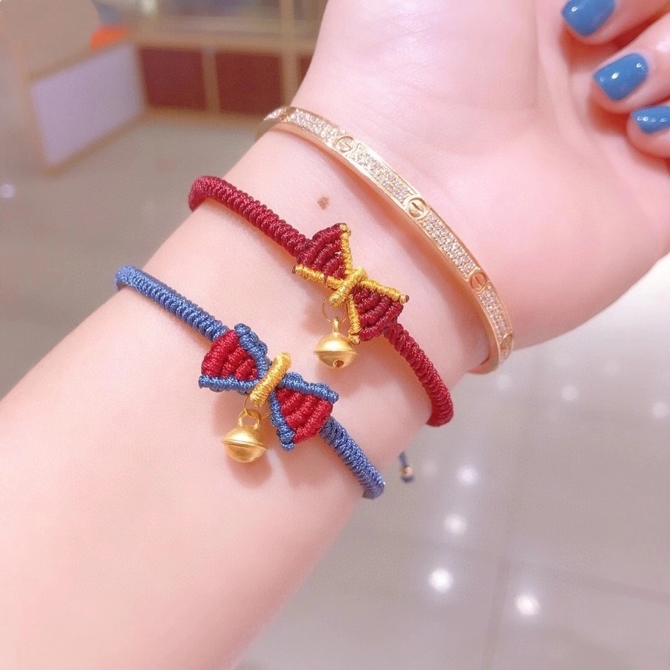 四叶草花 手链女金铃铛编织手绳蝴蝶结礼物 灰蓝金手链