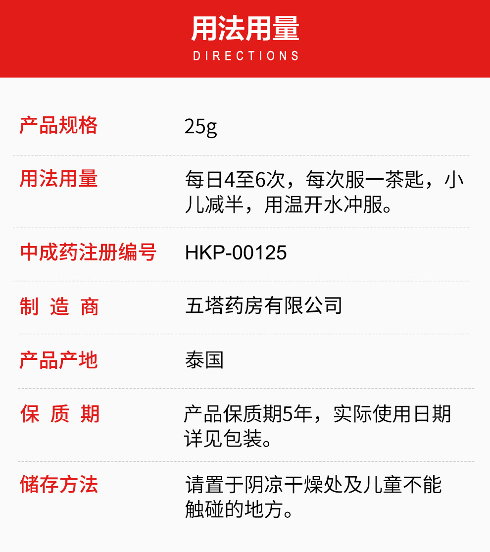 香港直邮 泰国五塔标行军散 肚痛腹胀寒胃呕酸肚泻吐泻腹绞胀气晕车