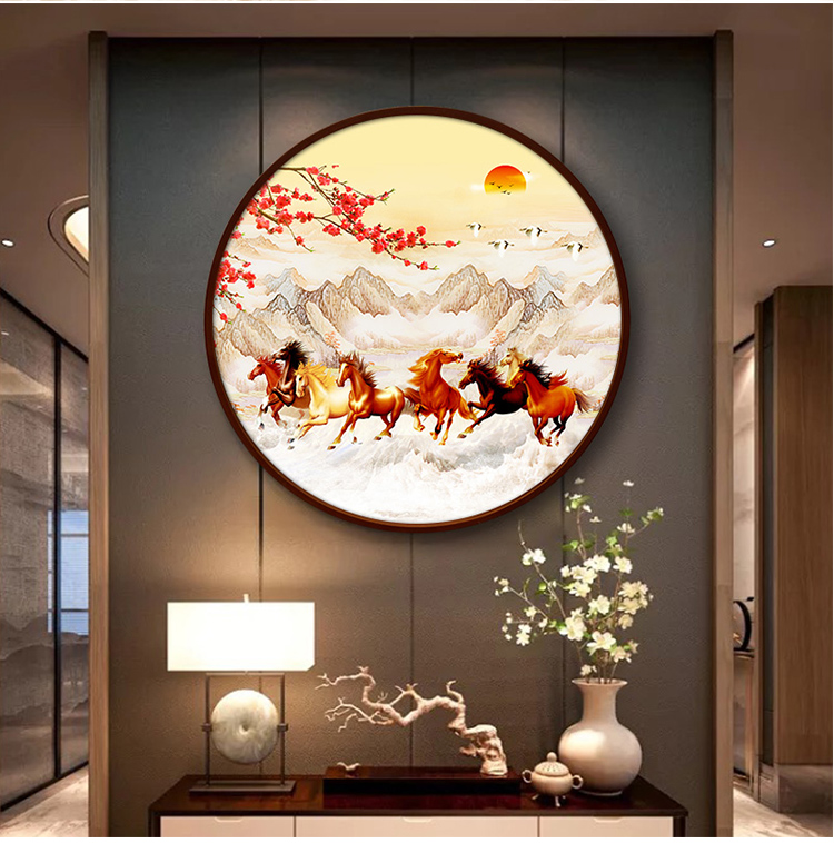 八骏马图挂画八骏图挂画圆形马装饰画八匹骏马壁画办公室字画客厅玄关
