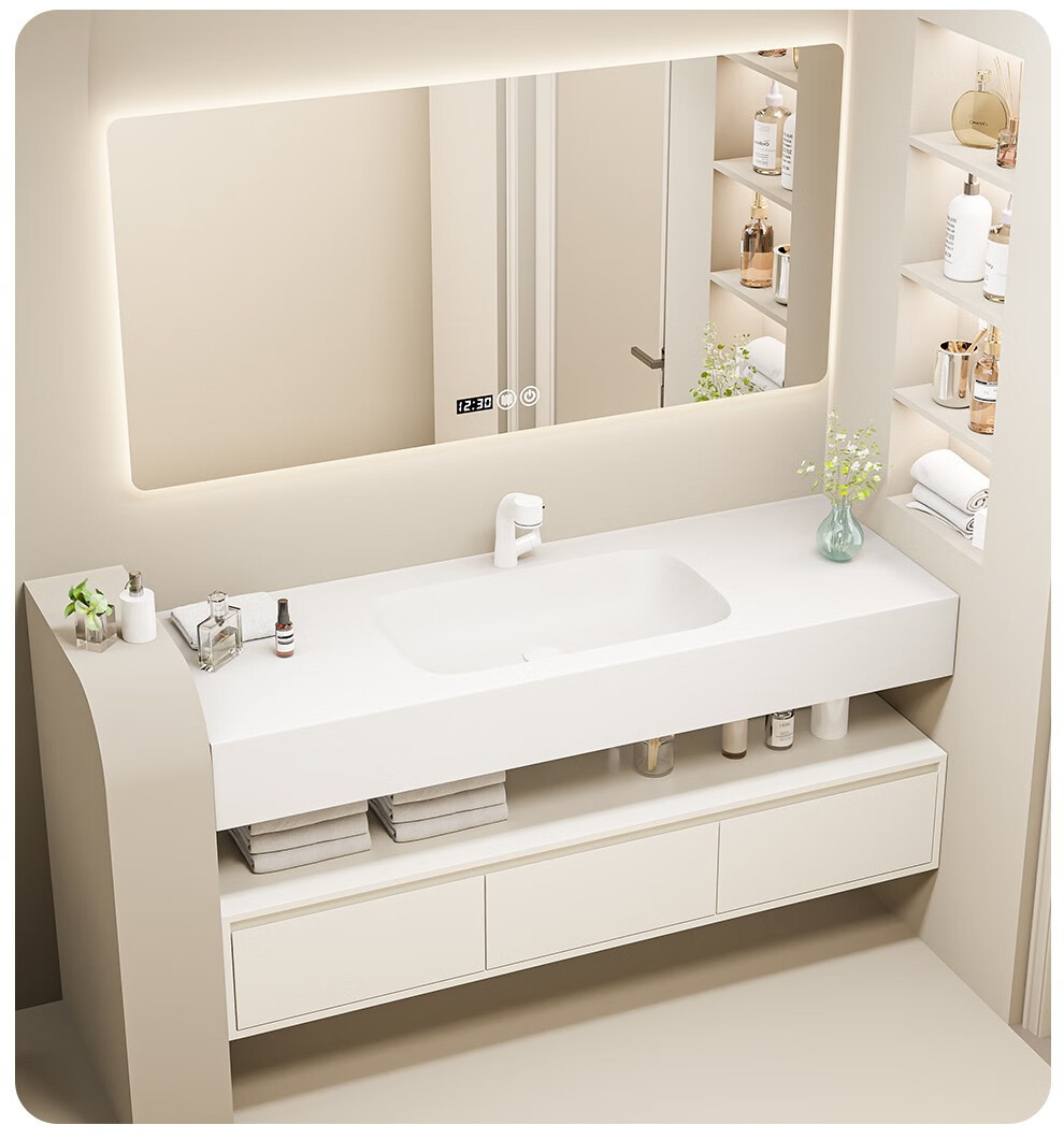 【免费测量】博伦亚 橡木可丽耐一体盆人造石浴室柜现代简约轻奢卫生