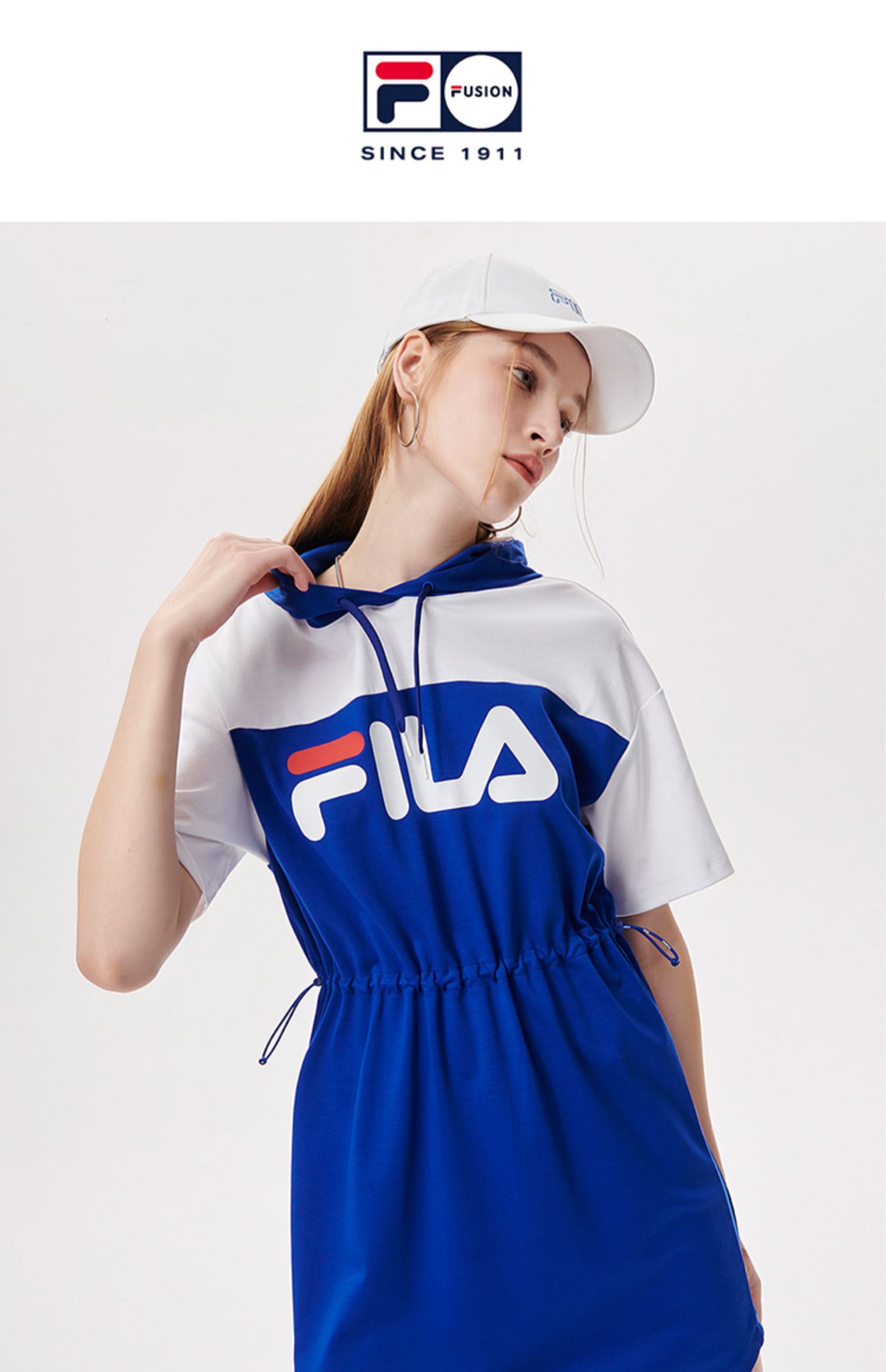 fila fusion 斐乐潮牌女装连衣裙2021夏秋新款撞色连帽运动休闲裙