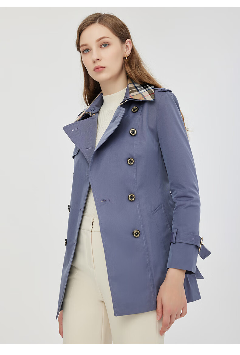 scofield 女装早秋季英伦风拼色翻领双排扣经典短风衣外套女纯色简约