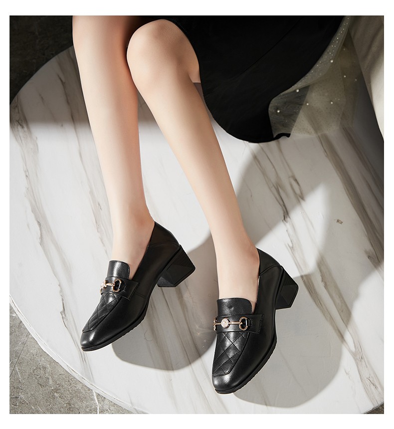 montagut梦特娇女乐福鞋时尚菱格方跟休闲女鞋黑色38