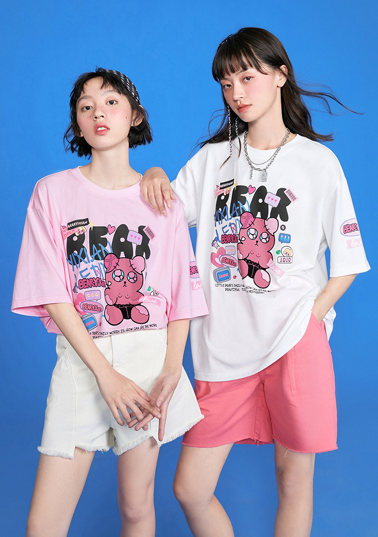 【小熊一闲】乐町拼贴印花t恤2021夏季新款短袖t恤女设计感小众 白色