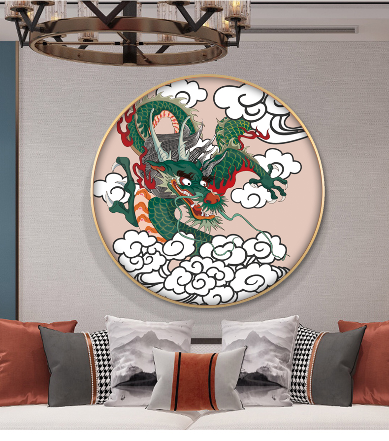 新中式装饰画玄关客厅龙画像挂画餐厅风水圆形龙图壁画i550外框直径