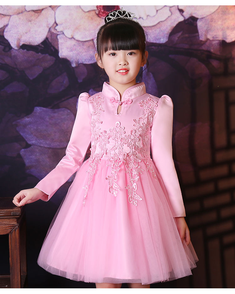 凤倪家女童旗袍秋冬季长袖复古加绒蕾丝儿童礼服裙子公主裙宝宝连衣裙