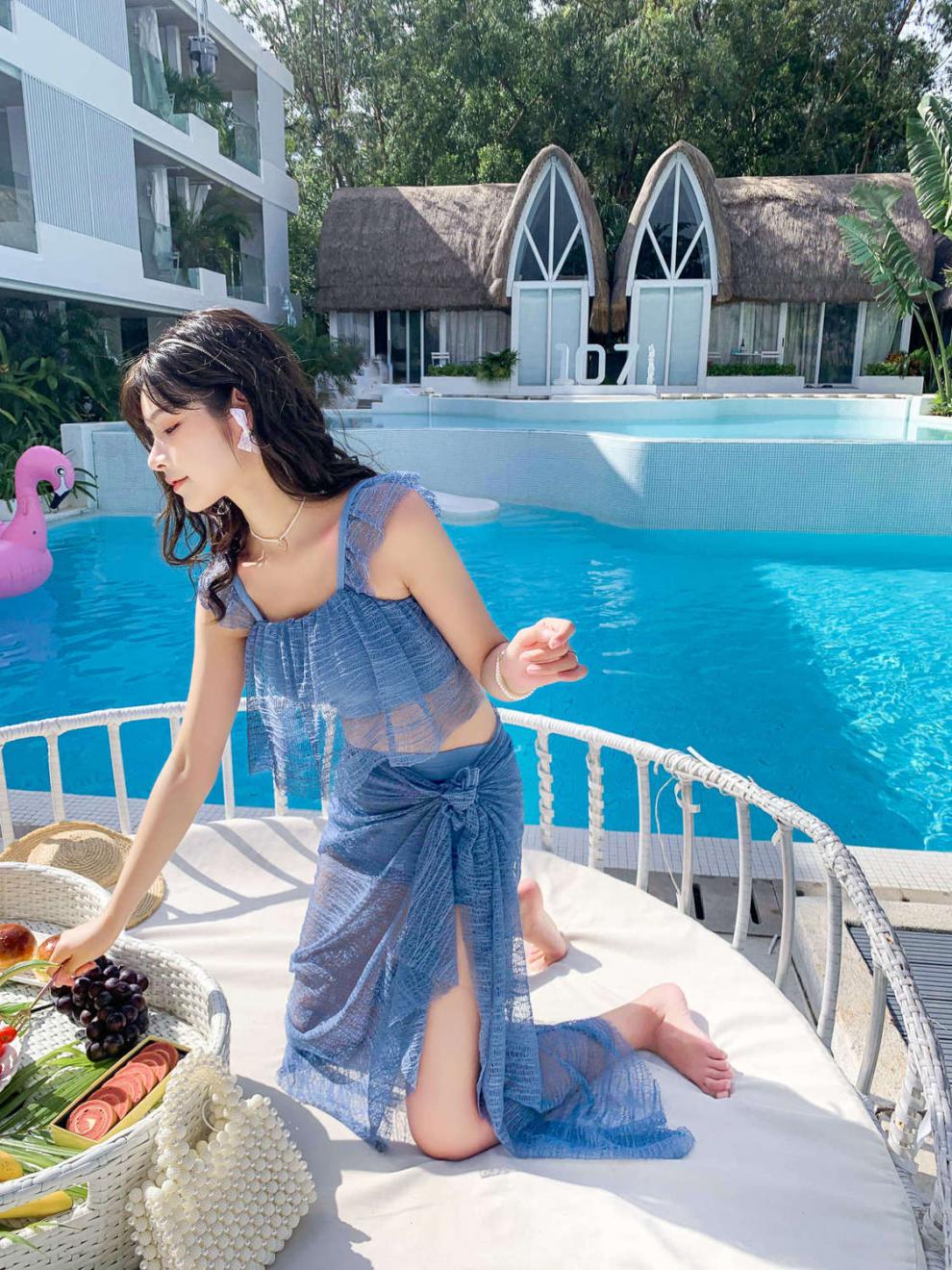 显瘦遮肉ins超仙比基尼三件套披肩温泉女泳装8227胭脂色m建议90100斤