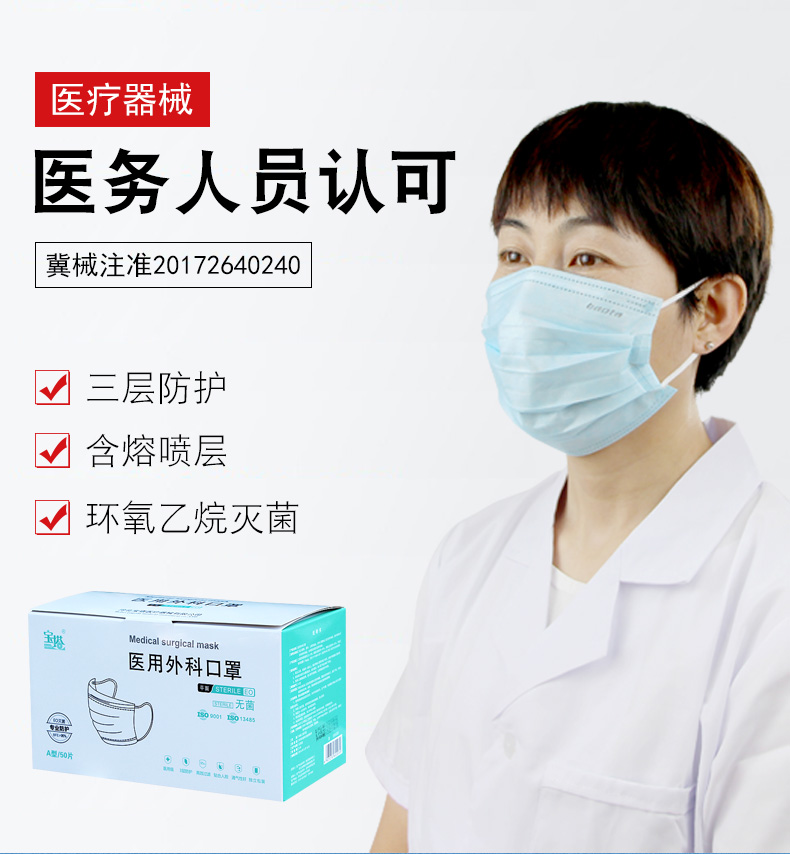 宝塔医用外科口罩一次性独立包装三层无纺布过滤透气环氧灭菌无菌级含