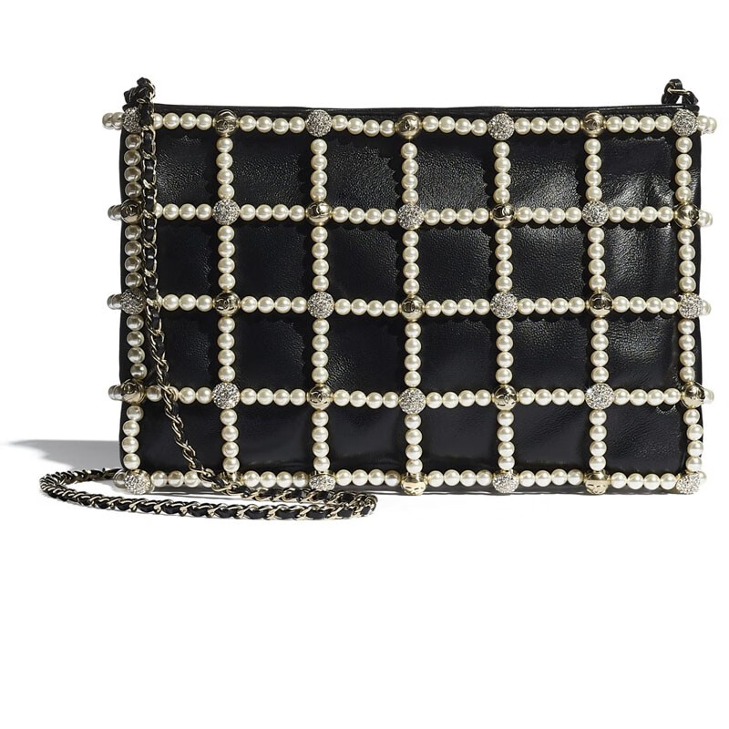 chanel香奈儿女包晚宴包丝缎琉璃珍珠水钻与金色金属手拿包16235cm