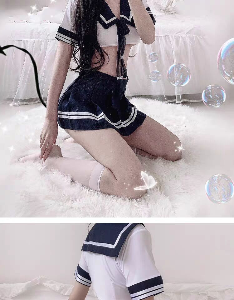 日系性感清纯可爱学生jk免脱水手服睡衣短裙装 学生制服套装 黑丝袜