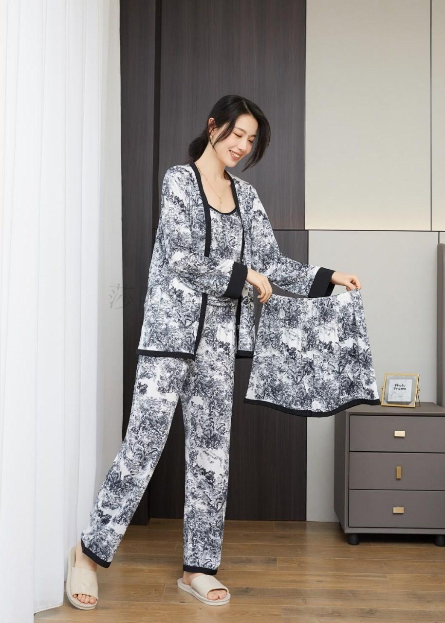 抖音同款百友氏服饰四件套国潮风水墨画居家睡衣外穿家居服套装女莎图