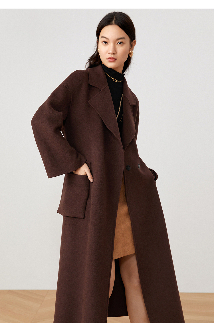 音儿美地女装冬新款长款暗扣纯羊毛双面呢大衣咖啡色40