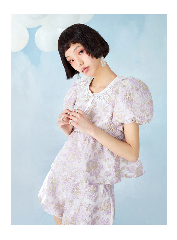 【xiaoli设计师系列】乐町2021春夏新提花蕾丝公主风泡泡袖小上衣