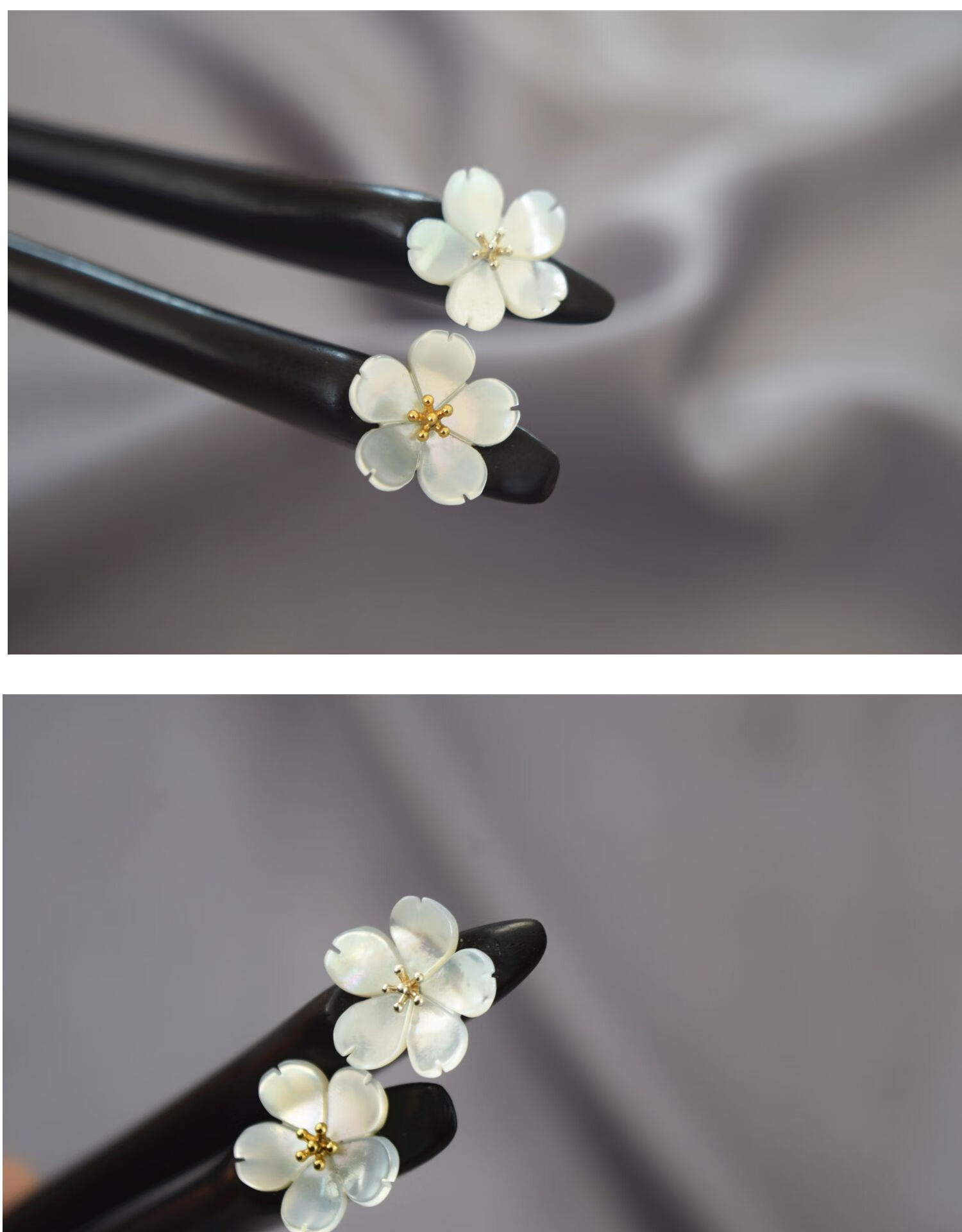 玲川925银花蕊贝壳樱花发簪古风黑檀木质步摇简约古典盘发木簪子 白色