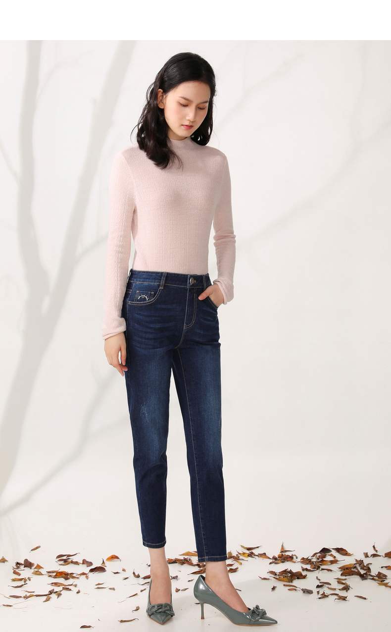 yifini易菲2021秋季新款深蓝色牛仔裤女高腰修身显瘦直筒小脚裤2101k