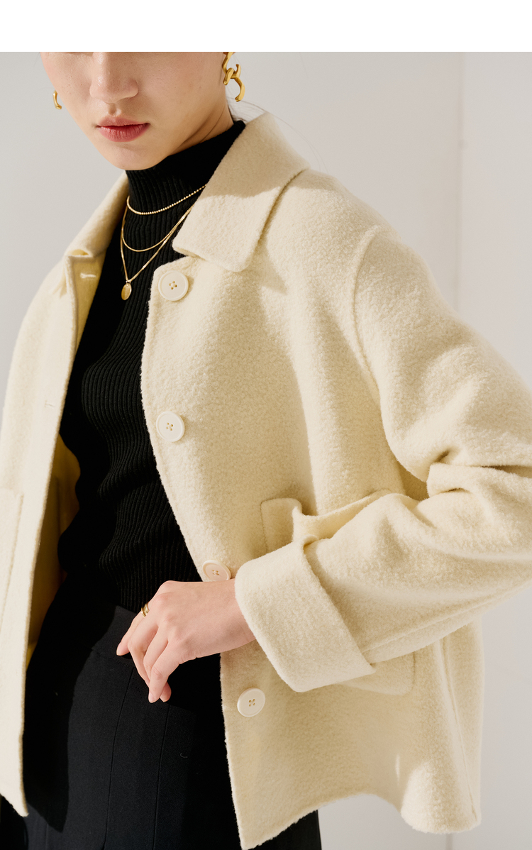 初棉棉花糖 羊毛双面呢短款女奶油白小个子羊毛大衣秋季毛呢外套 奶油