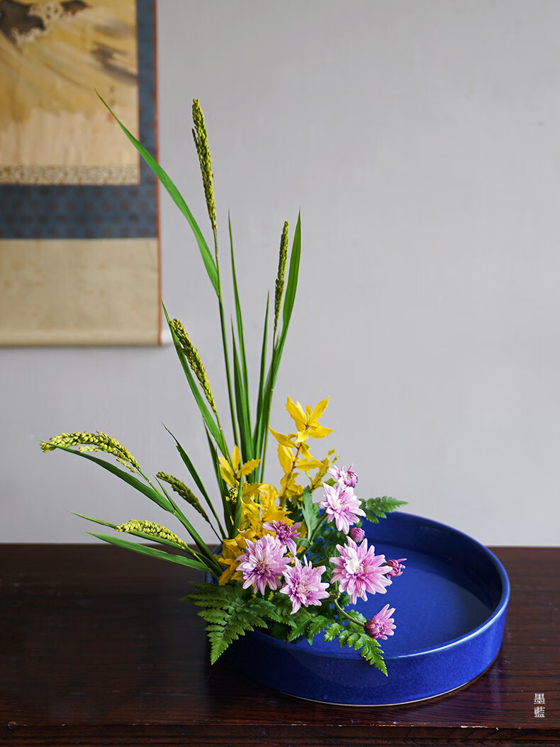 日本進口插花花器禪意插花器皿日式花道陶瓷大花盤花盆圓形小原流進口