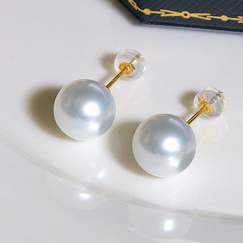 海水澳白耳钉品质k金冷光秒akoya天女大白色珍珠南洋奥白耳环情人节送