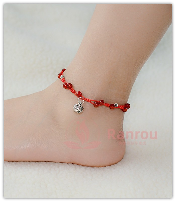 冉柔脚链铃铛女复古有声音宫铃红玛瑙花女编织可调节脚环红玛瑙铃铛款