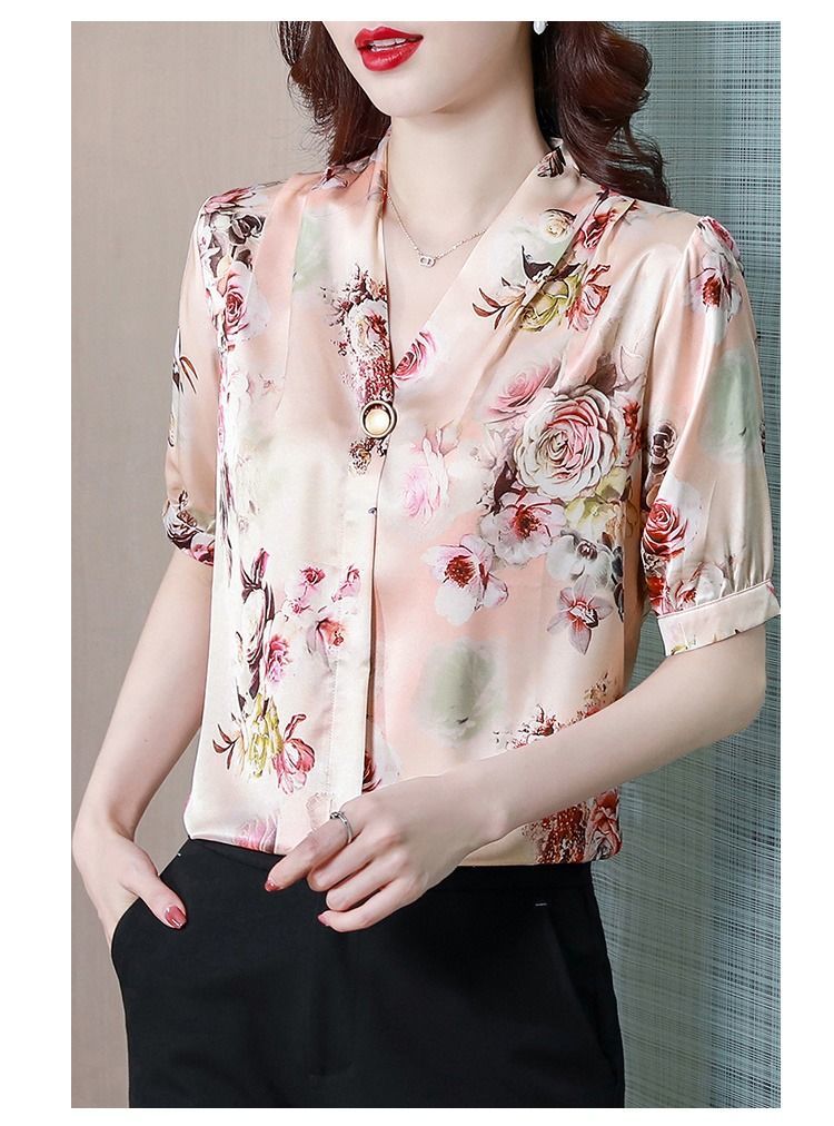 桑蚕丝短袖衬衫高档妈妈夏装时尚洋气半袖小衫夏天穿小碎花m建议90100